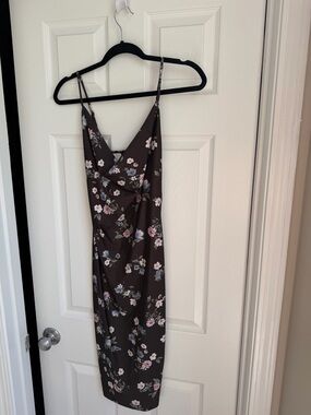 iris Brown Floral Slip Midi Dress with Pink & Cream Blooms